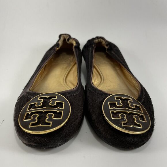 Tory Burch Reva Brown Gold Animal Fur Ballet Flat Womens Size 5 Slip On Ballet - Picture 9 of 9
